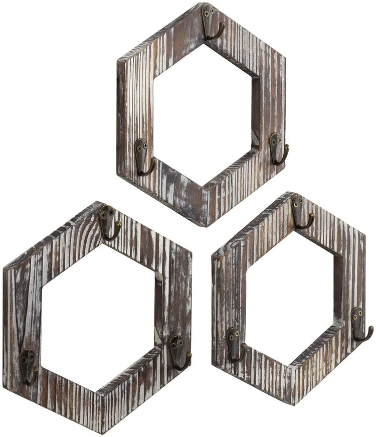 Set of 3, 3-Hook Brown Torched Wood Geometric Hexagon, Wall Mounted Coffee Mug Holder Rack-MyGift