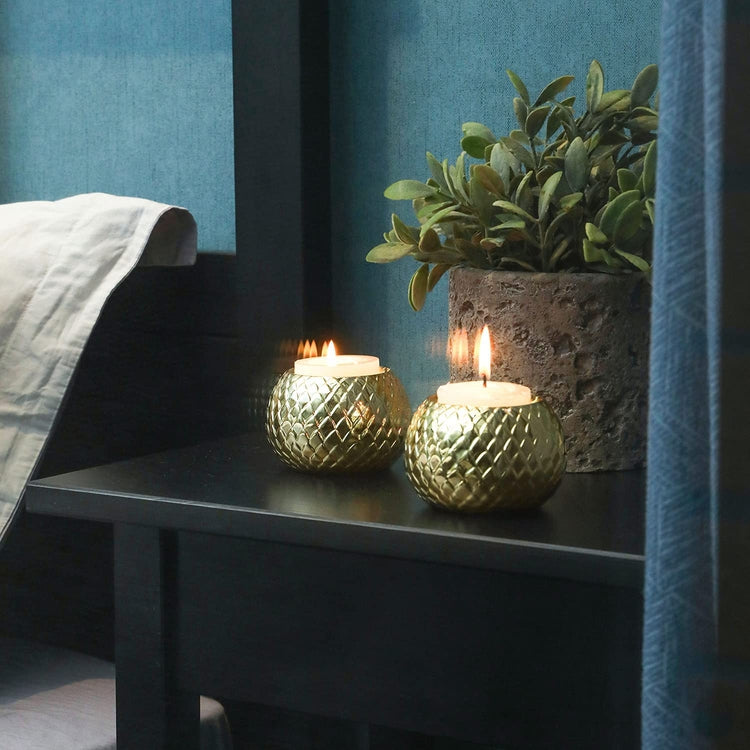 Brass Tone Diamond Patterned Round Ceramic Tealight Votive Candle Holders, Set of 2-MyGift