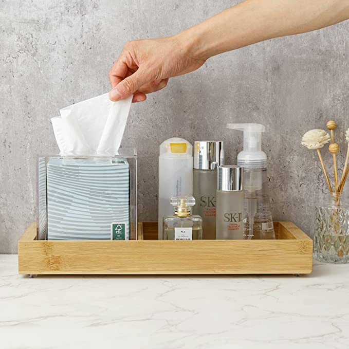 Bamboo Vanity Toilet Tank Display Storage Tray with Clear Acrylic Square Tissue Box Cover and Cutout Handles-MyGift