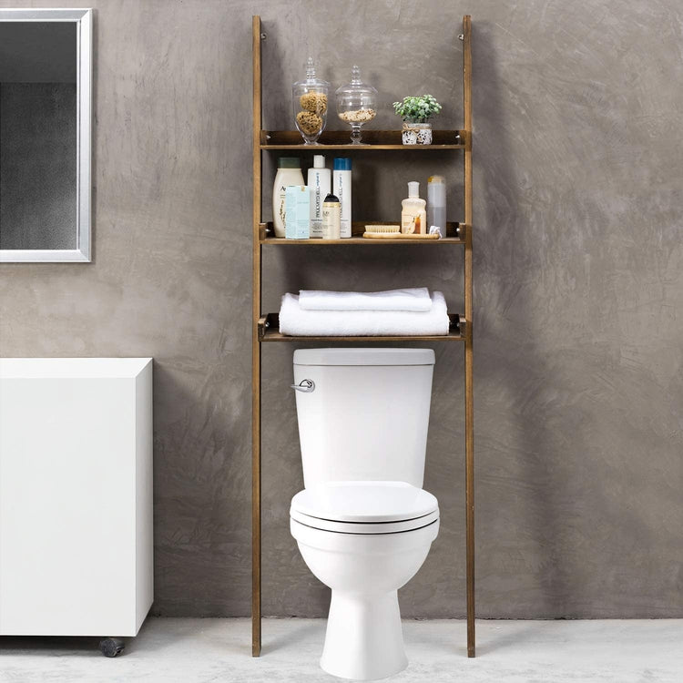 Over-The-Toilet Industrial Pipe & Burnt Wood 3 Tier Bathroom Storage Wall  Shelf