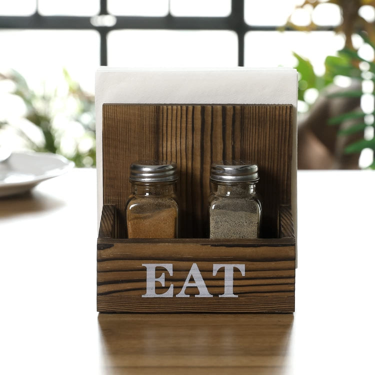 2 Compartment Brown Wood Napkin Holder Rack with Spice Shakers, Condiment Bin and Printed EAT Label