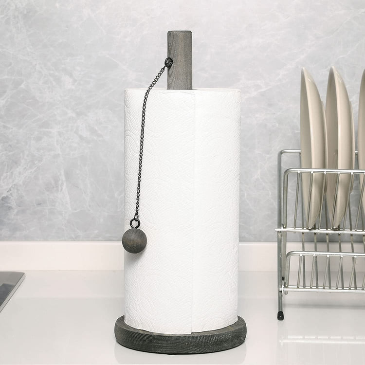 Gray Wood Tabletop Paper Towel Holder Dispenser Rack with Wooden Ball Weight