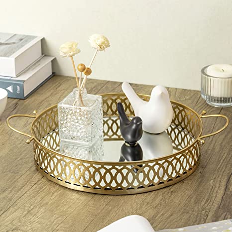 16 Inch Vintage Round Mirrored Brass Tone Metal Bathroom Vanity Tray