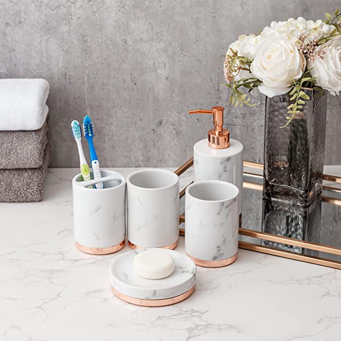 Modern Bathroom Accessories Set, Bath Accessory with Toothbrush Holder, Pump Dispenser, Tumbler and Soap Dish-MyGift
