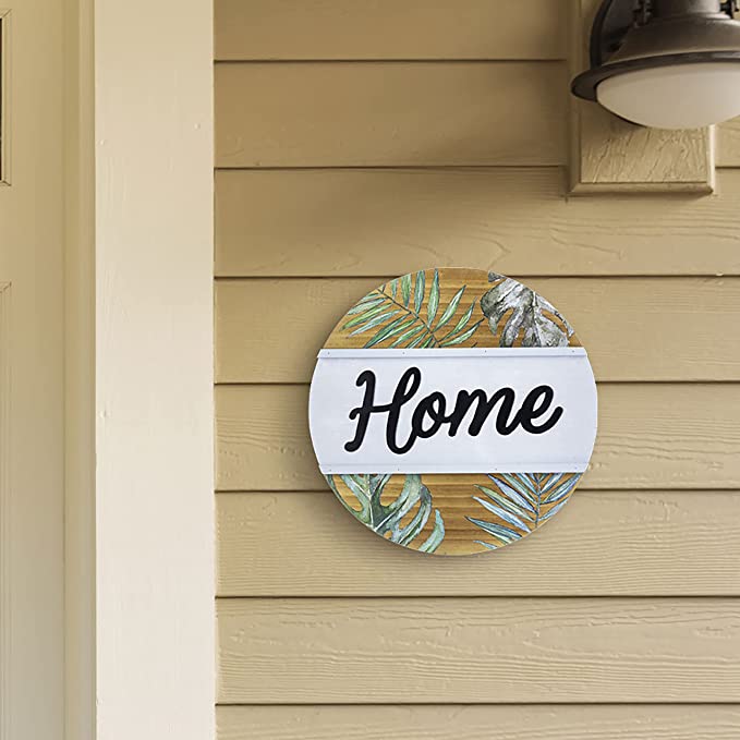 Shabby Chic Round Wooden Wall Hanging HOME Sign with Palm Leaf and Fern Design-MyGift