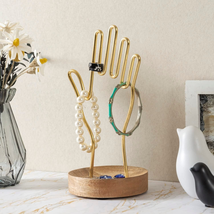 Gold Metal Jewelry Tower Rack with Ring Tray, Cactus-Shaped