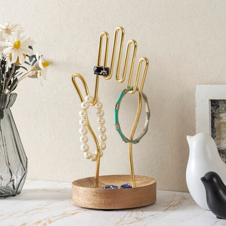 Brass-Tone Metal Hand-Shaped Jewelry Holder Stand with Acacia Wood Ring Tray, Wire Jewelry Tree