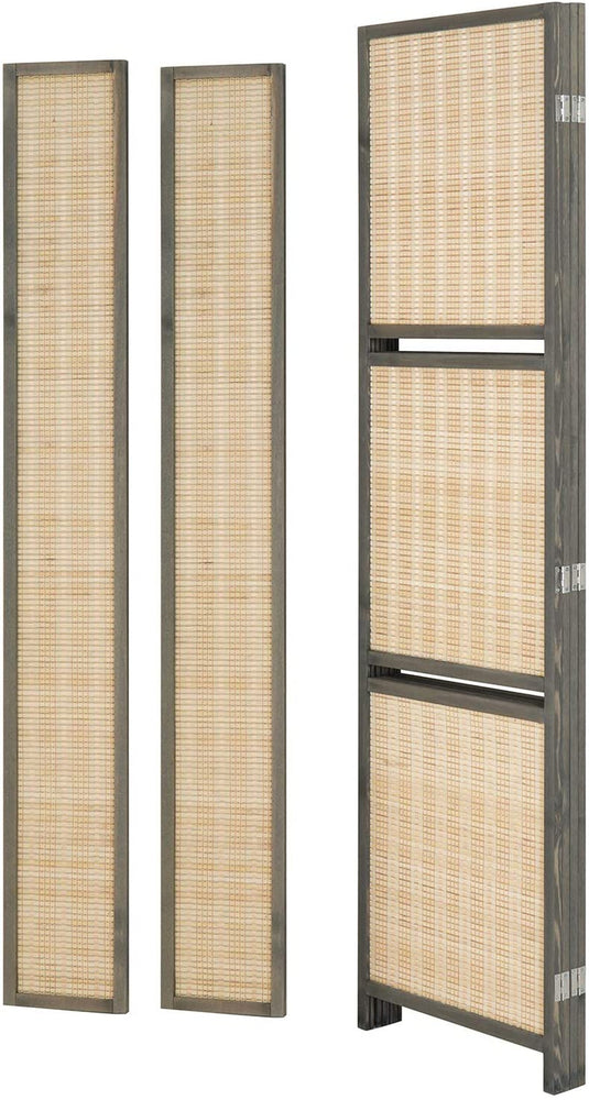 4-Panel Deluxe Woven Bamboo Dark Gray Room Divider with Removable Storage Shelves-MyGift