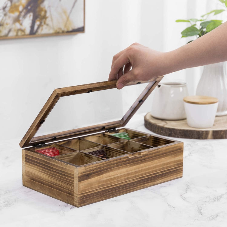 Burnt Wood Tea Bag Storage Box with 8-Compartments, Clear Display Lid, and Magnetic Closure