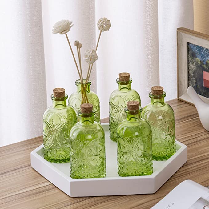 Apothecary Flower Bud Vases, Vintage Design Embossed Green Glass Reed Diffuser Bottle with Cork Lid