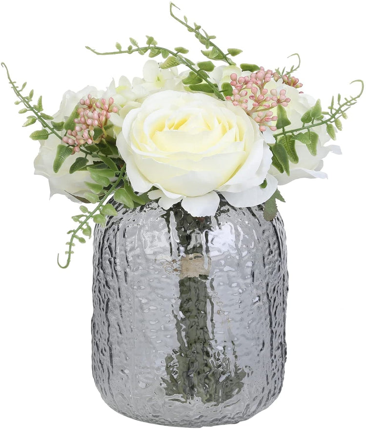 Artificial White Roses Bouquet Fake Wedding Flowers Arrangement with Gray Tinted Textured Embossed Glass Vase