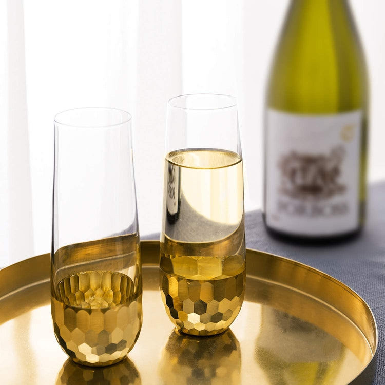 Set of 4, Stemless Champagne Flute Party Glasses with Hammered Brass Plated Bottoms-MyGift