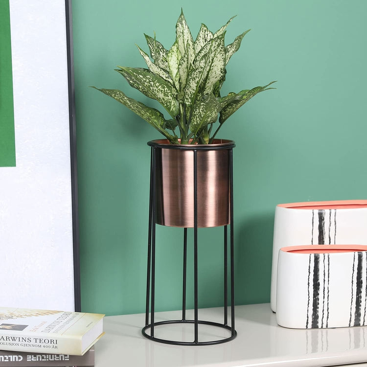 6 inch Modern Copper Flower Planter Pot with Industrial Black Metal Wire Display Stand-MyGift