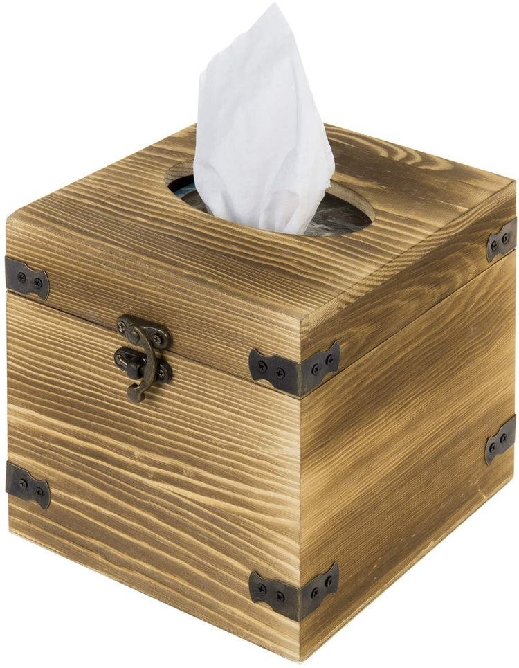 Burnt Brown Wood Square Facial Tissue Box Cover with Hinged Lid