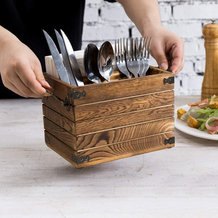 Rustic Burnt Dark Brown Wood Dining Utensils Flatware Serving Caddy with Napkin Slot, Antique Metal Wraps and Handles-MyGift