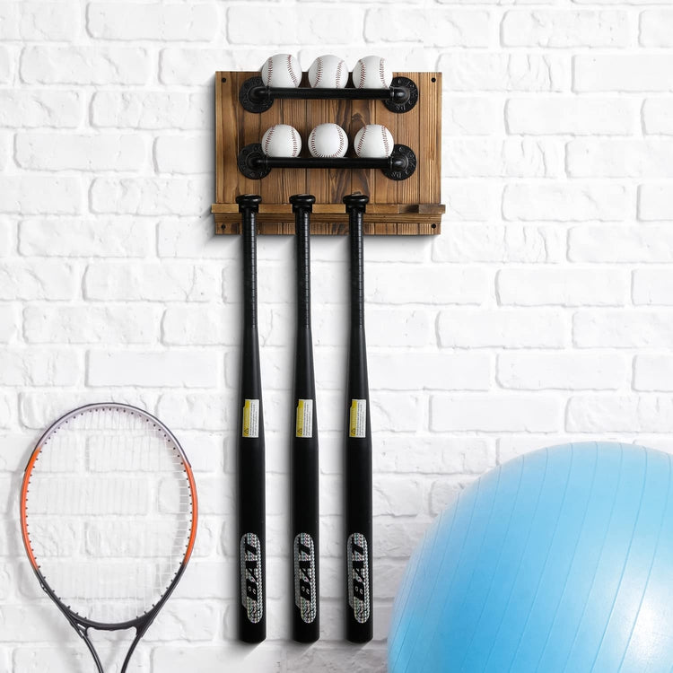 Wall Mounted Baseball and Bat Display Rack with Burnt Wood and 2-Tier Industrial Black Metal Pipe Storage Rails-MyGift