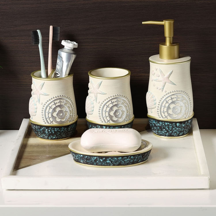 Coastal Style 4 Piece Bathroom Accessories Set with Embossed Seashell Starfish Design