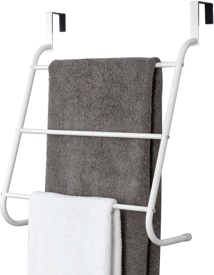 White Metal 3-Tiered Bars Over-The-Door Bath Towel Holder, Bathroom Storage Door Hanging Drying Rack-MyGift