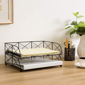 2-Tier Geometric Design Black Metal Wire Stacked Desktop Letter Document Tray-MyGift