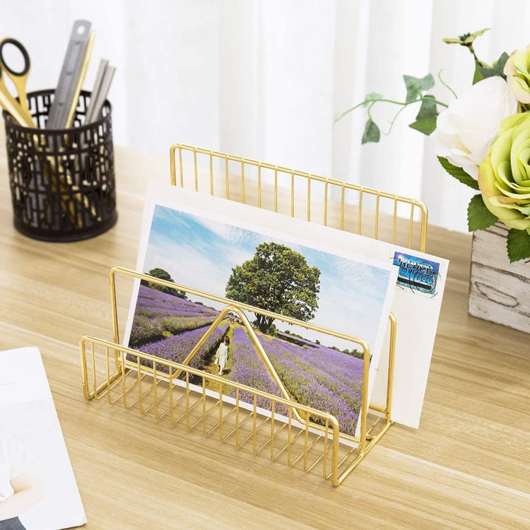 3-Slot Modern Brass Wire Desktop Mail Sorter, Metal Letter Organizer Rack-MyGift