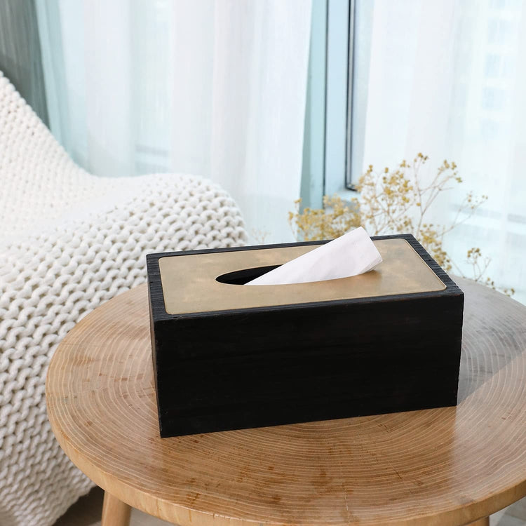 Rustic Distressed Dark Wood Rectangular Tissue Box Holder Cover with Brass Tone Metal Inlay Top