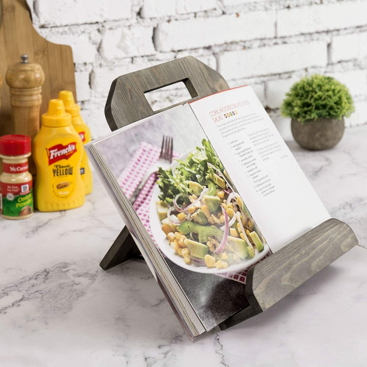 Vintage Gray Solid Wood Cookbook Recipe Holder Stand with Kickstand