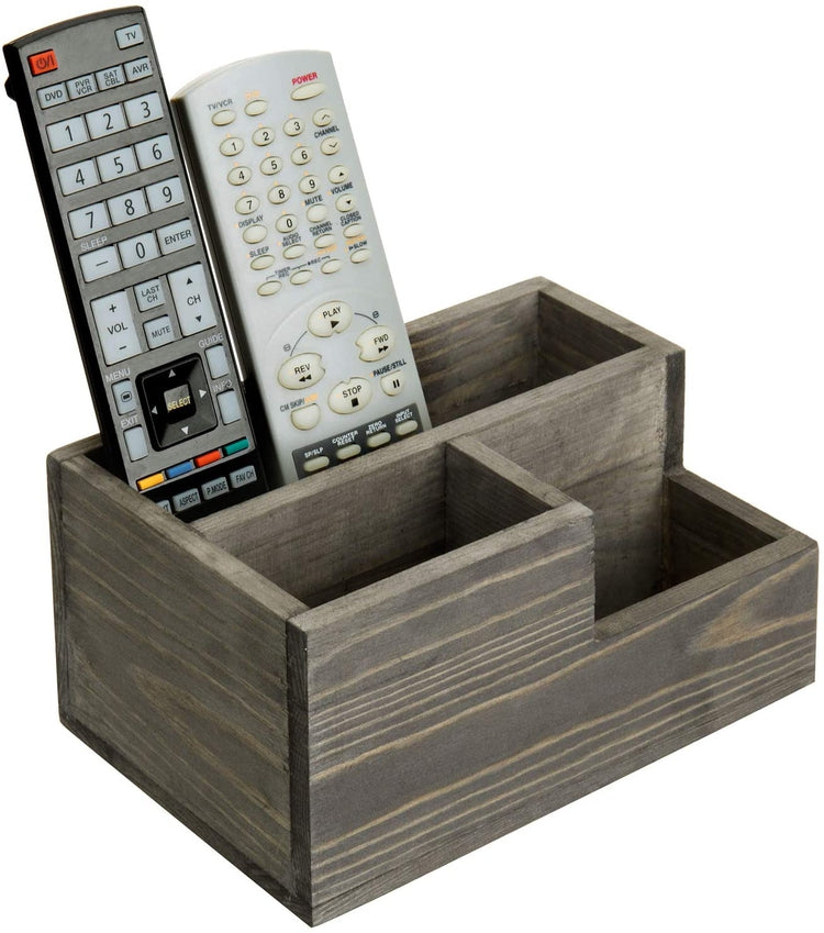 Vintage Gray Wood Office Desktop or Media Remote Control Organizer with 3-Compartments-MyGift