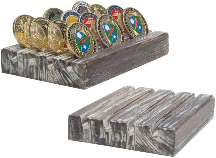 Set of 2, 4-Row Torched Wood Military Coin Display Holder Stand-MyGift