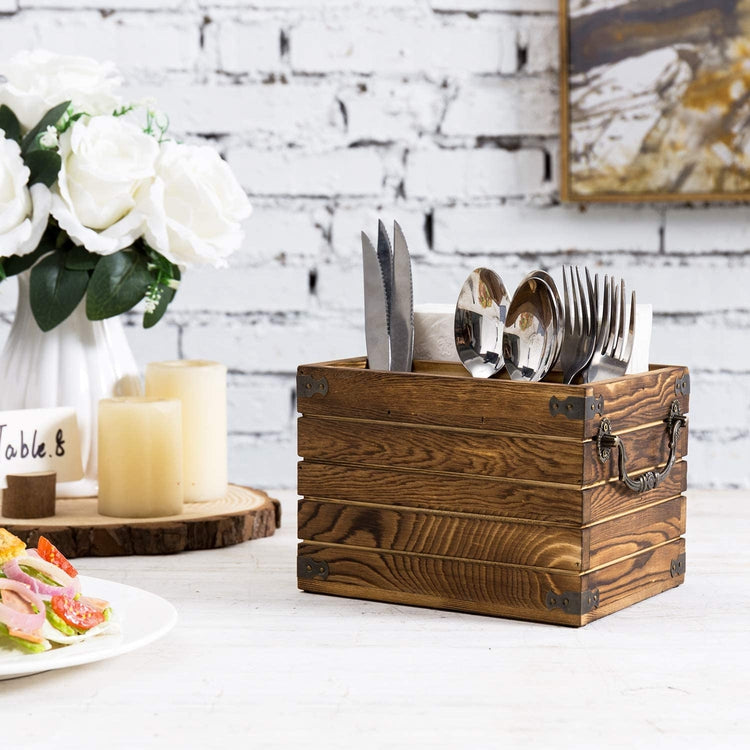 Rustic Burnt Dark Brown Wood Dining Utensils Flatware Serving Caddy with Napkin Slot, Antique Metal Wraps and Handles