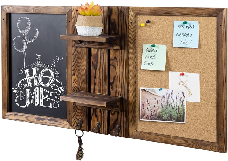 Wall Mounted Entryway Bulletin Board Combo Set with Burnt Wood Frame, Chalkboard, Cork Board, 2 Storage Shelves-MyGift