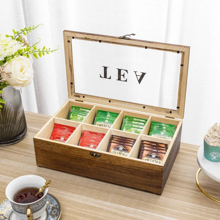 Burnt Brown Wood Tea Bag Organizer Box, Teabag Storage Chest with TEA Lettering on Clear Lid and Vintage Style Latch-MyGift