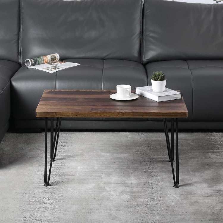Dark Brown Burnt Wood Rectangular Coffee Table, Side Accent Table with Matte Black Metal Wire Hairpin Legs