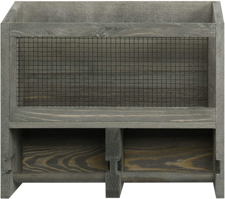 Vintage Gray Solid Wood and Metal Mesh Wall Mounted Dual Toilet Paper Roll Dispenser and Magazine Holder Basket-MyGift