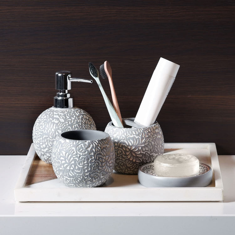 4 Piece Gray Embossed White Floral Pattern Bathroom Accessory Set with Soap Dish, Tumbler, Toothbrush Holder and Pump Dispenser