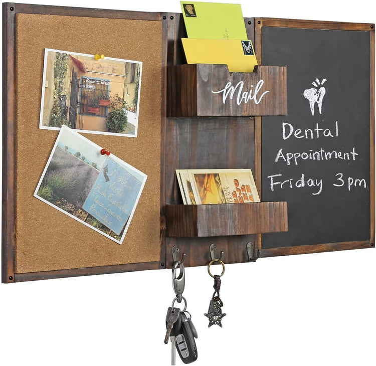 Burnt Wood Wall Mounted Entryway Organizer with Chalkboard, Bulletin Cork Board, Mail Sorter and Key Hooks