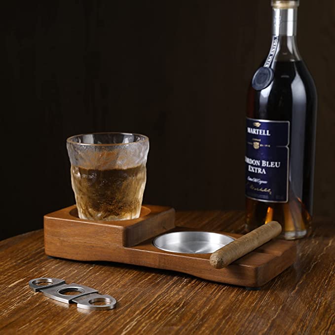 Wood Cigar Holder with Silver Metal Ashtray and Scotch Glass Wooden Coaster Tray, Cigar Whiskey Accessory Set