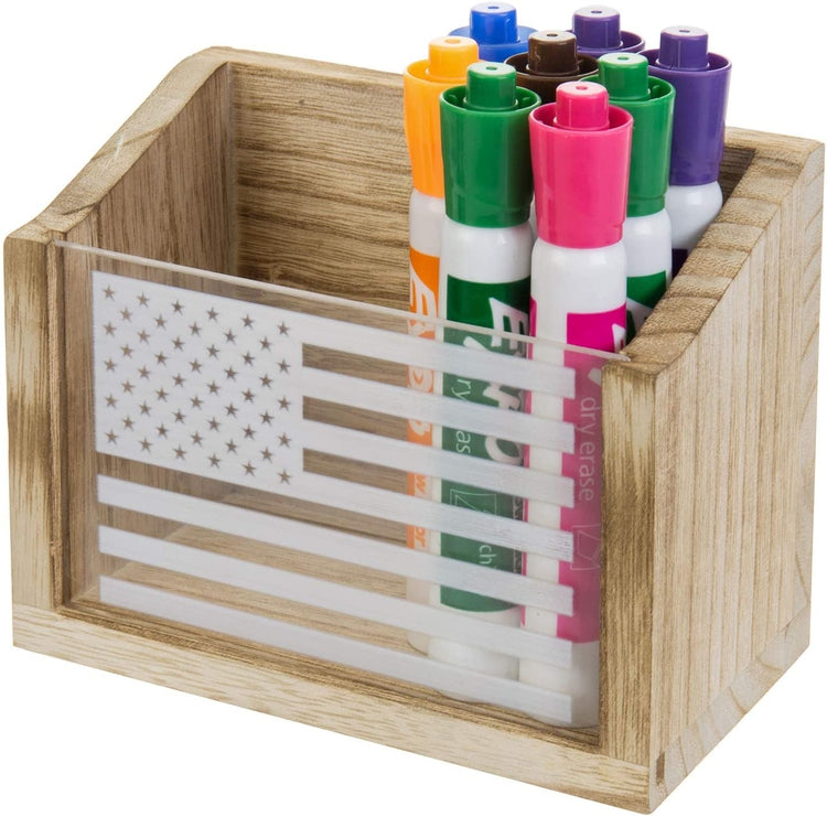 Magnetic Light Brown Wood Whiteboard Marker Holder, Office Supply Storage Box with Acrylic US Flag-MyGift