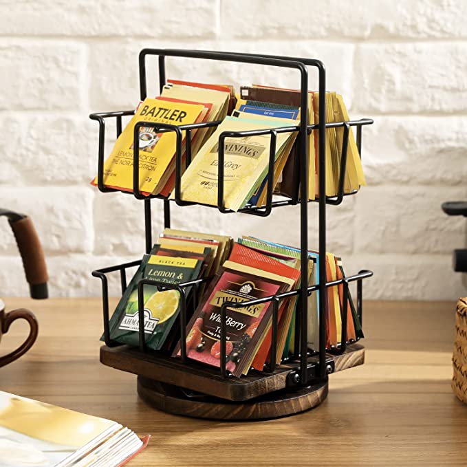 8 Compartment Matte Black Metal Wire Tea Bag Holder with Rotating Burnt Wood Lazy Susan Base