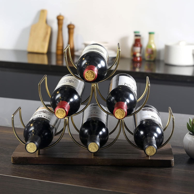 Brass-Tone Metal Wire Wine Rack with Natural Mango Wood Base, 6 Bottle Tabletop Wine Holder Stand