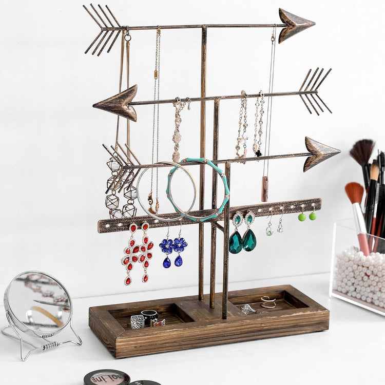 3 Tier Bronze Metal Arrows Design Jewelry Holder Rack, Earring and Necklace Tower with Burnt Wood Ring Dish Tray