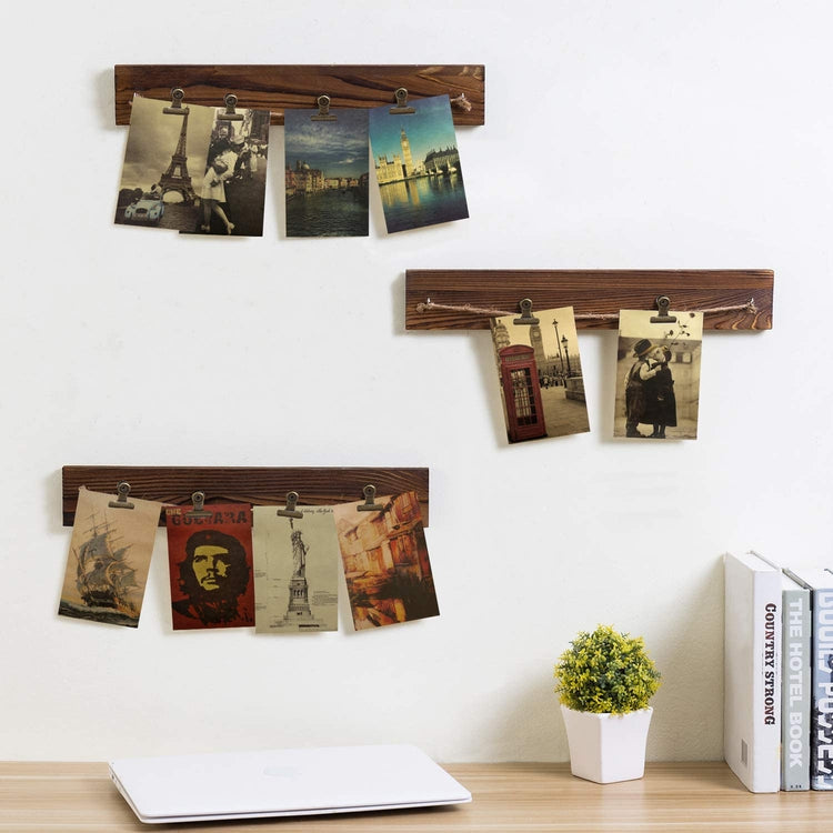 Burnt Brown Wood, Wall-Hanging Picture Display Rail, Photo Clip Holder Frame with 10 Vintage Clips, Set of 3