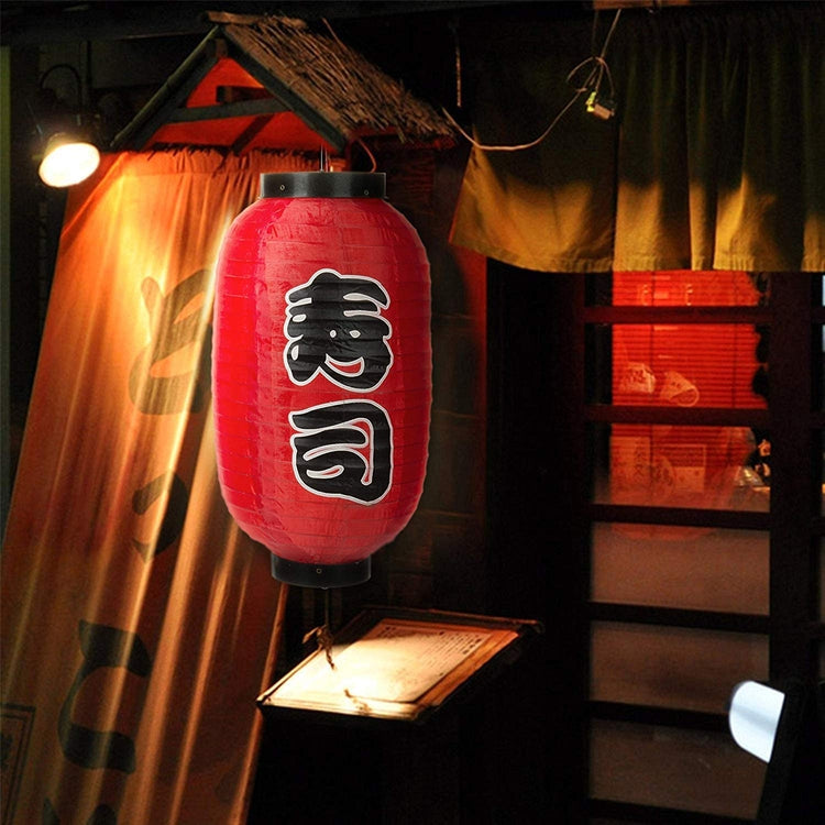 Red Traditional Japanese Style Silk Hanging Lantern Lamps, Set of 8