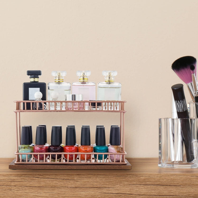 Copper Plated Metal Essential Oil Rack, Nail Polish Holder Double-Decker Storage Tray with Wood Base