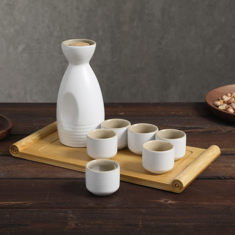 Japanese Style Creamy White Ceramic Sake Serving Combo Set with Pouring Carafe Pot, 6 Shot Cups and Bamboo Wood Tray-MyGift