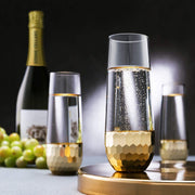 Set of 4, Stemless Champagne Flute Party Glasses with Hammered Brass Plated Bottoms-MyGift