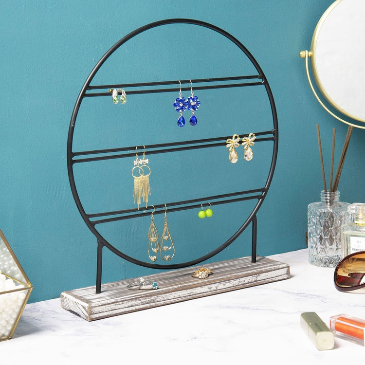 3-Tier Tabletop Earring Holder, Torched Wood and Matte Black Metal Circular Jewelry Hanger Stand-MyGift