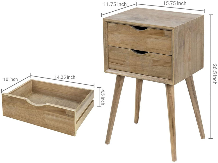 Light Brown Solid Wood Dual Drawer Nightstand-MyGift