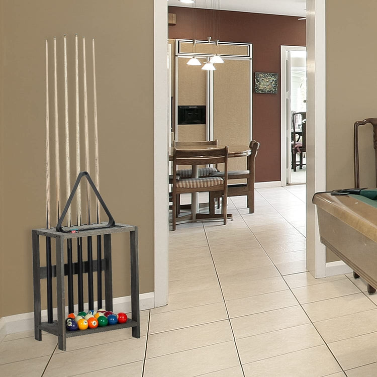 Gray Wood Billiards Pool Cue Rack Floor Stand with Ball and Chalk Storage Holder Slots