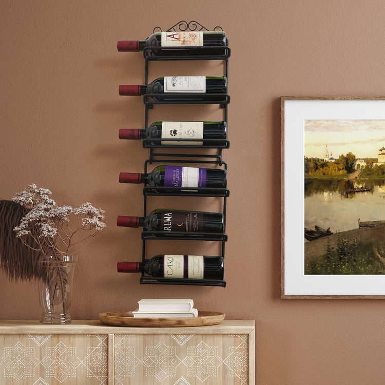 Scrollwork Matte Black Metal Wire 6 Wine Bottle Holder Wall Display Rack