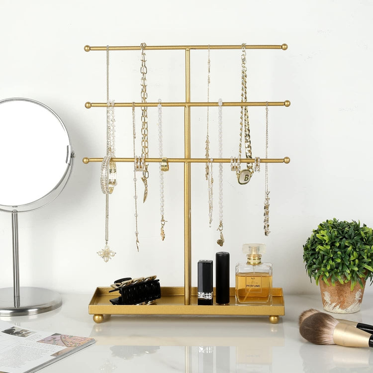 Tiered Brass Tone Metal Tabletop Jewelry Tower, Necklace Hanger, Earring  Organizer Rack with Ring Dish Tray